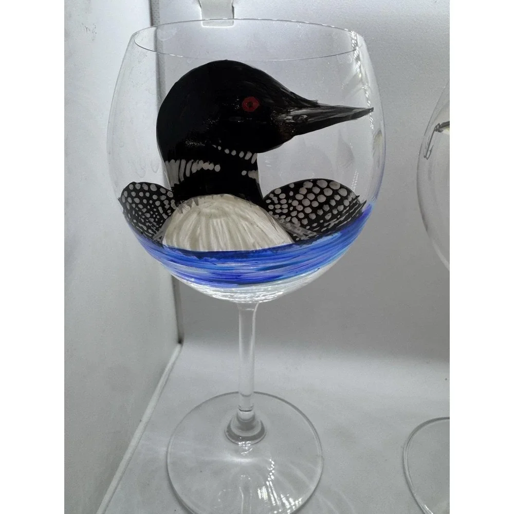 Hand Painted Set Loon Wine Glass Lake Bird Art Fishing Lure Balloon Wine Goblet